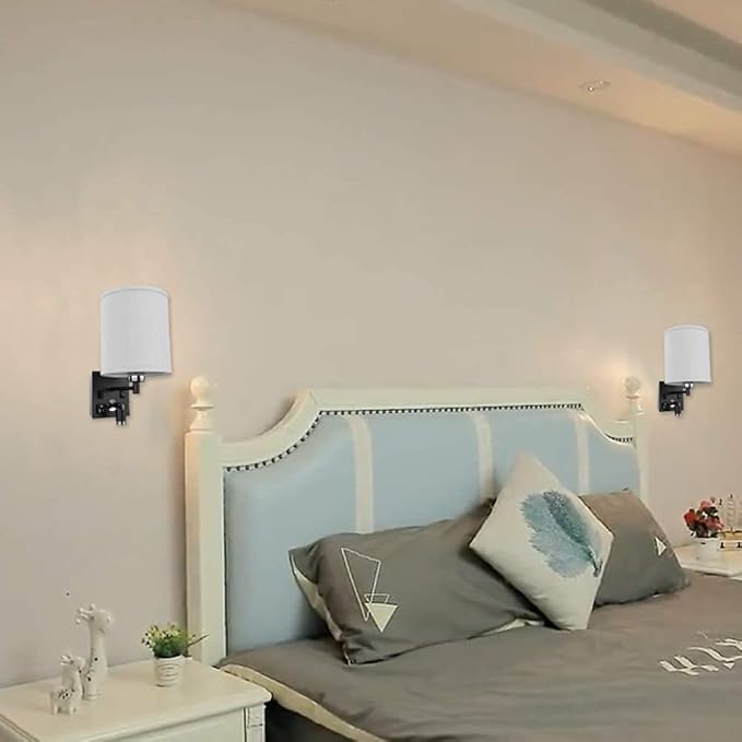 LEDMyplace Wall Sconces Set of 2 LED Indoor Wall Sconce, Bedside Light Fixture with USB Ports & Outlet, White Fabric Shade, Black Metal Finish Wall Lamps for Bedroom, Living Room