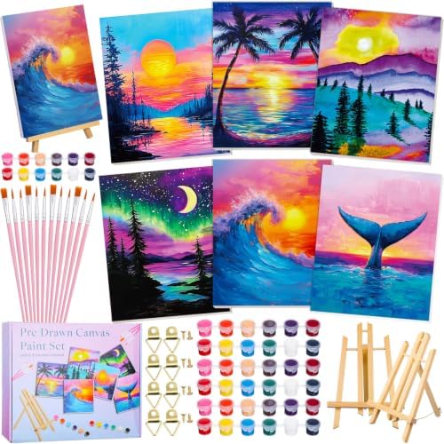 Engrowtic 57pcs Landscape Sip and Paint Kit for Adults Pre Drawn Canvas Set by Engrowtic