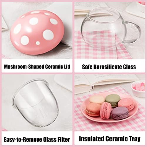 Mushroom Cup Cute Glass Tea Cup with Infuser and Lid Kawaii Mushroom Mug Set Coffee Teapot with Ceramic Coasters 11oz (Green) - Image 5