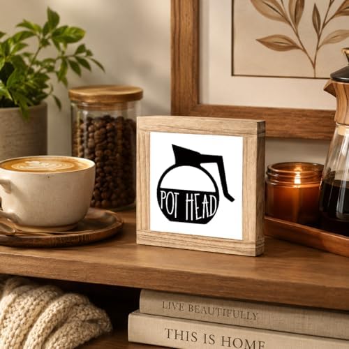 Pot Head Coffee Wood Sign, Funny Coffee Pot Plaque, Caffeine Lover Kitchen Decor Accent, Rustic Beverage Station Shelf Sitter For Countertop Pantry Breakfast Nook, 5.9 x 5.9 in - Image 5