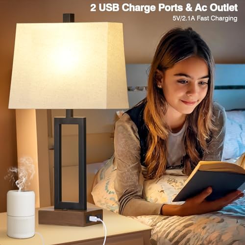 Lolikit Table Lamp for Bedroom Set of 2 with 2 USB Ports and AC Power Outlet, 23.5" Modern Bedside Lamp, Wood Nightstand Lamp with Linen Shade for Living Room Hotel Desk(LED Bulb Included) - Image 2