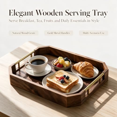 Wooden Serving Tray with Metal Handles, Acacia Wood Rectangular Decorative Tray, Coffee Table Tray for Breakfast, Drinks, Snack, Ottoman, Home Decor - Image 4