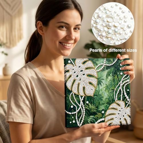 LQCrafK DIY Pearl Art Painting Handcraft Kit for Adults Beginners with Tools and Framed Painting, Creative Design,Self-Adhesive, Healing Stress-Relieving Home Wall Decoration-Monstera Leaves - Image 4