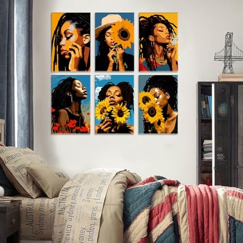 African American Girl 6 Sets Paint by Number Kit for Adults 8 x 12 inch Canvas Black Girl with Sunflowers DIY Oil Painting Easy for Beginner Paint by Numbers Acrylic Pigment-Girls Night Party Choice - Image 5