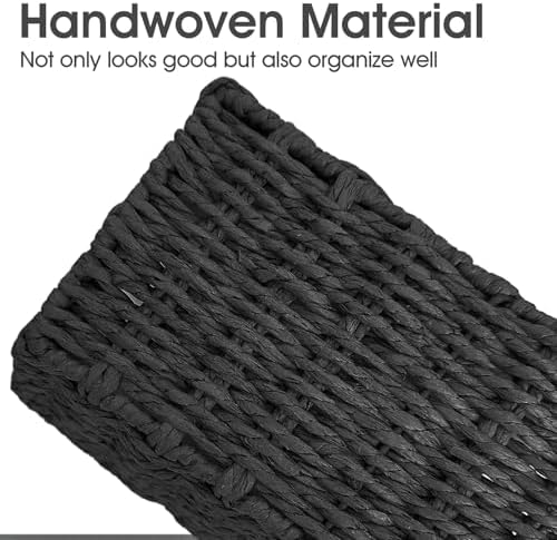 Paper Rope Storage Baskets for Shelves Organizing, Small Hand Woven Wicker Organizer Basket with Handle for Bathroom Toilet Paper Storage, Black, 3-Pack - Image 5
