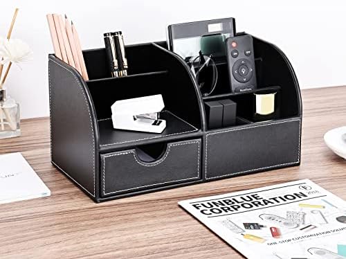 KINGFOM Pu Leather Desk Organizer Pen Pencil Holder Office Supplies Caddy Storage Box 6 Compartments with Drawer Black - Image 2