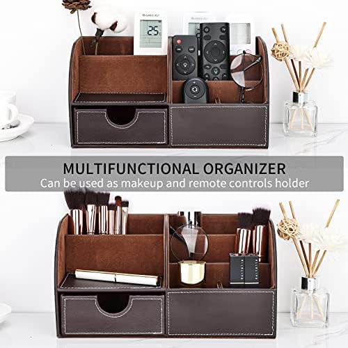 KINGFOM Pu Leather Desk Organizer Pen Pencil Holder Office Supplies Caddy Storage Box 6 Compartments with Drawer Brown - Image 5