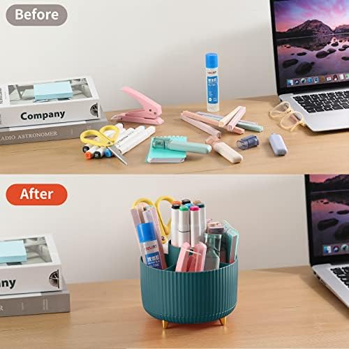Desk Pencil Pen Holder, 5 Slots 360°Degree Rotating Pen Organizers for Desk, Desktop Storage Stationery Supplies Organizer, Cute Pencil Cup Pot for Office, School, Home, Art Supply, Dark Green - Image 4