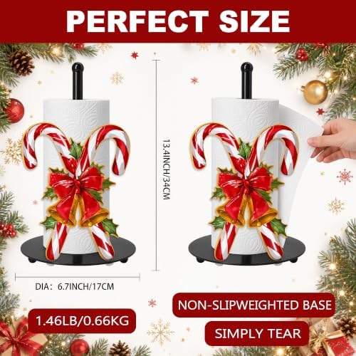 Christmas Candy Cane Paper Towel Holder, Farmhouse Xmas Kitchen Countertop Decor, Golden Bell Red Bow Holly Paper Towel Roll Stand, Christmas Housewarming Birthday Gift for Women Mom - Image 3