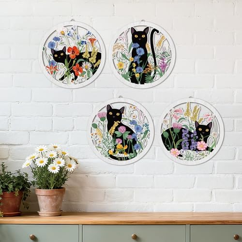 HPNIUB Funny Black Cat Wall Decor,Farmhouse Floral Wooden Signs,4 Pieces 10''x10'' Colorful Botanical Kitten Wall Art,Plant Cat Wood Plaque Home Decor for Pet Shop,Nursery,Lovely Cat Gifts - Image 5