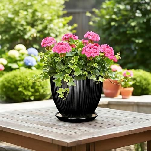 8 Inch Plant Pot, Ceramic Planter with Drainage Hole and Saucer, Modern Planters for Indoor Plants, Indoor Planter, Decorative Round Flower Pot, Apartment Decor, Plant Lover Gifts, Black - Image 4