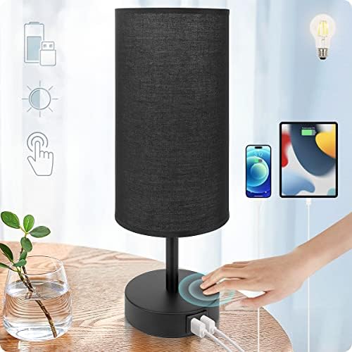 Yarra-Decor Bedside Lamp with USB Port - Touch Control Table Lamp for Bedroom 3 Way Dimmable Nightstand Lamp with Round Black Fabric Shade for Living Room, Dorm, Home Office (LED Bulb Included) by Yarra-Decor