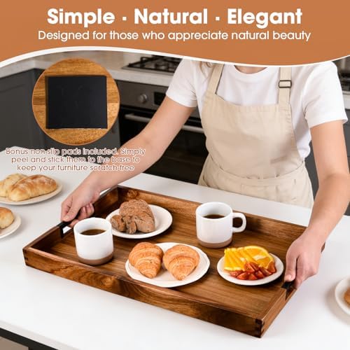 Large Ottoman Tray for Living Room and Coffee Table, Decorative Acacia Wood Serving Tray with Metal Handles for Breakfast in Bed, Dinner Food Kitchen TV (Natural, 24" x 15" x 2") - Image 5