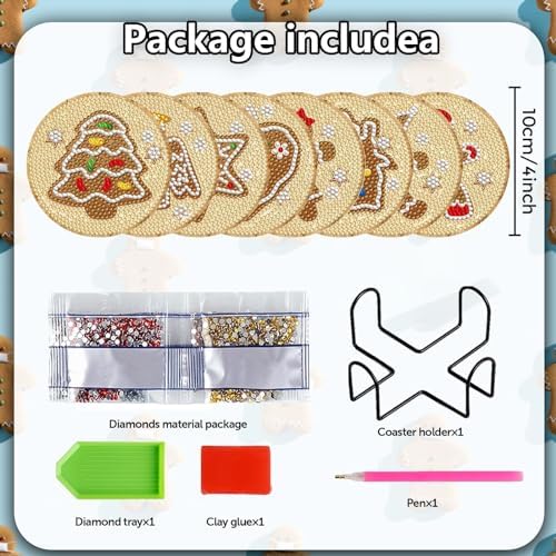 8 Pieces Christmas Gingerbread Man Diamond Coasters Kits with Holder DIY Christmas Gingerbread Man Diamond Art Coaster Coaster for Adults Diamond Kits Supplies - Image 2