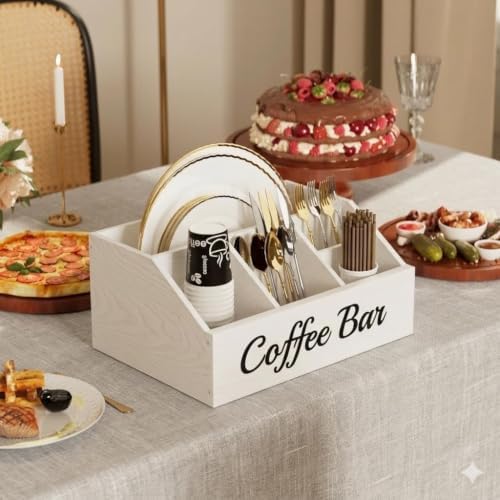 2 Pack Coffee Station Organizer for Countertop – Wooden Coffee Bar Organizer with Adjustable Dividers,Holds K Cup Pod & syrup bottles, for Kitchen, Office, or Bar and Tea Station, White - Image 5