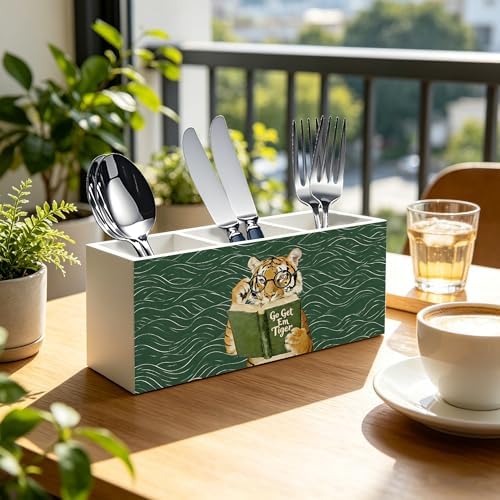Funny Motivational Tiger Reading Pen Pencil Holder Organizer for Desk Accessories, Book Lover Reader Gifts, Eclectic Green Japandi Animal Bookish Wood Signs for Reading Nook Room Library Decor - Image 2