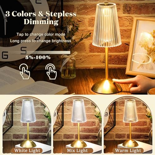 Liliful 2 Pcs Cordless Table Lamp LED Touch, Gold, Small Stripes - Image 4