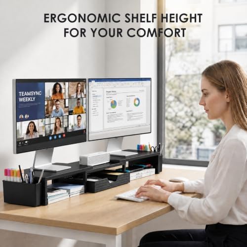 OPNICE Desk Organizers and Accessories, Dual Monitor Stand Riser with Drawer and 2 Pen Holders, Desk Shelf Computer Racks & Printer Stand for Office Workspace Organizers, Desktop Organization (Black) - Image 3