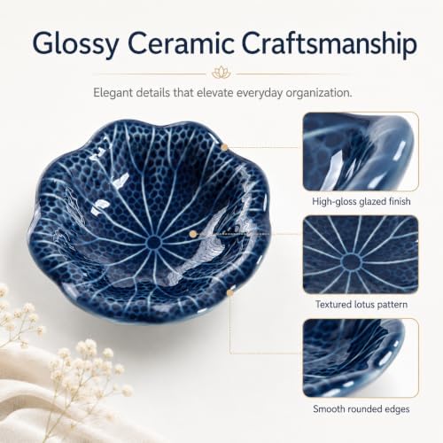 Dark Blue Lotus Ceramic Jewelry Dish Tray, Aesthetic Flower Shaped Trinket Tray for Rings Earrings Necklace, Minimalist Vanity Organizer Plate, Elegant Nightstand Bathroom Desk Decor Gift for Women - Image 6