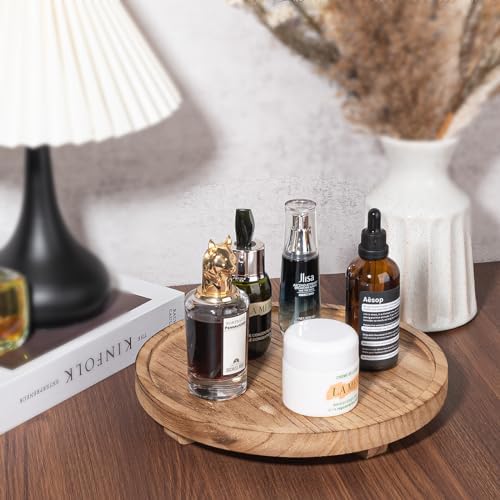Round Decorative Tray Wood Bathroom Counter Organizer Farmhouse Kitchen Decor Wooden Riser for Soap Dish, Perfume, Candle, Sponge, 10" - Brown - Image 2