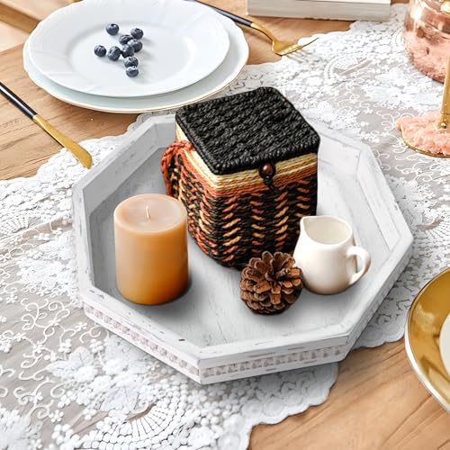 Wooden Decorative Tray, Small Serving Tray with Wood Bead, Farmhouse Big Tray for Ottoman, Countertop, Coffee Tabl, 13" x 13"x 1.6" (Retro White) - Image 4