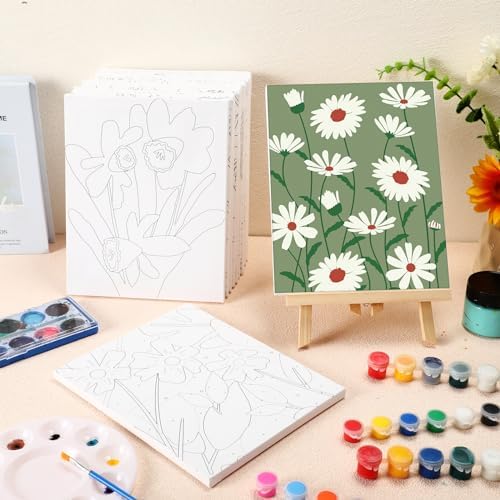 Engrowtic 12 Pcs 8 x 10'' Flower Pre Drawn Canvas to Paint Pre Printed Sketched Canvas for Adult Ladies Paint Art Party Favor Board Set for Craft(Simple Style) - Image 2