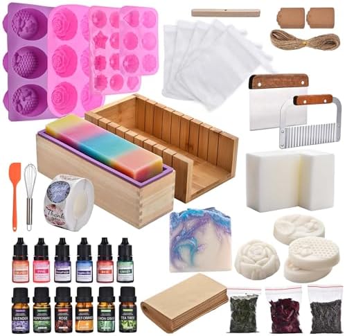 Soap Making Kit for Adults All-in-One Soap Making Supplies Includes Melt & Pour Goat Milk Soap Base, Silicone Loaf Molds,Premium Cutting Box & 500+PCS DIY Handmade Soap by KELODO