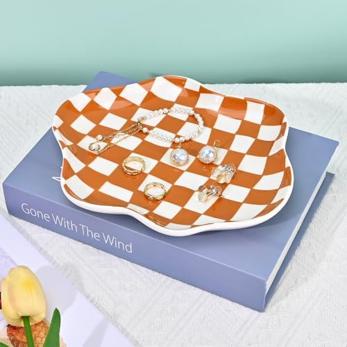 Koythin Brown Plaid Ceramic Jewelry Tray, Vanity Trinket Dish Birthday Gift - Image 4