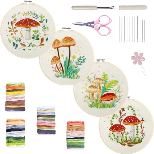 Bonroy 4 Sets Embroidery Kit for Beginners with Instructions,Cross Stitch Kits for Adults with Pattern,Needlepoint Kits for Adult Include Embroidery Cloth Hoops Needles Threads(Mushroom) by Bonroy