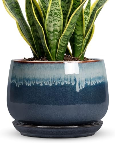 Ceramic Plant Pots, 9 Inch Ceramic Planter with Saucer, Retro Blue by Fivepot
