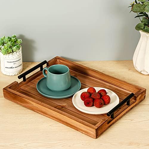 2Pc Nested Vintage Wooden Serving Tray Set, Coffee Table Ottoman Decor - Image 6