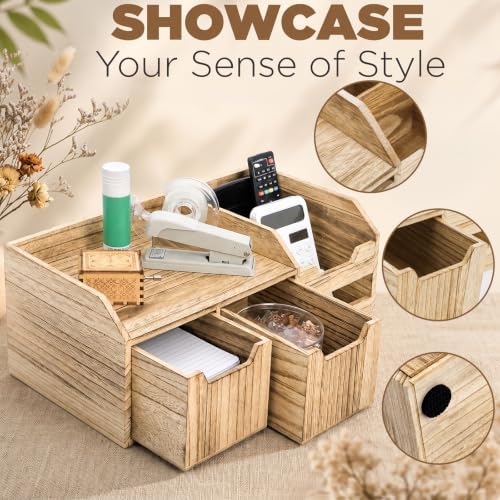 Wood Desktop Organizer with Drawers, 4 Compartment - Image 3