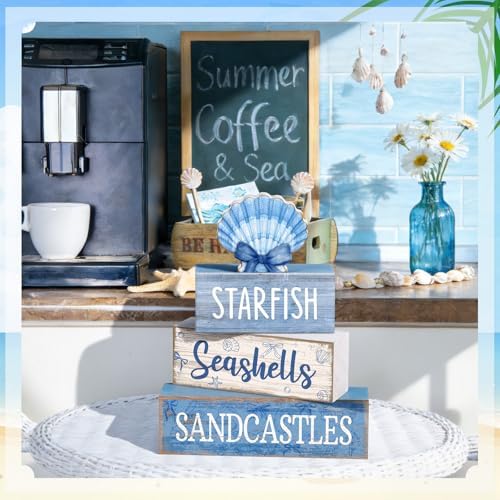 Moucuny 4 Pcs Beach Wooden Signs Table Decor with Shell, Tiered Tray - Image 5