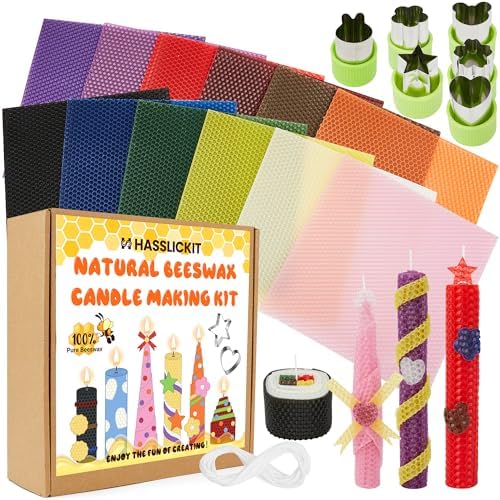 HASSLICKIT Beeswax Candle Making Kit for Beginners, 12 Beeswax Sheets for Candle Making Rolling DIY Kits (12 Colors, 8 x 8 inch) by HASSLICKIT