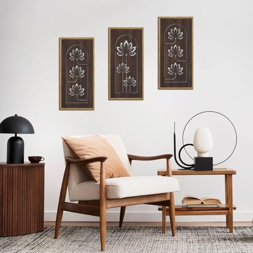 KAIRNE Lotus Wooden Wall Art,Floral Vintage Farmhouse Room Boho Decor,Set of 3(16” X 8”),Framed Mandala Lotus Flowers Wall Decor,Bohemian Retro Wood Hanging Board for Living Room Yoga room Office Decoration - Image 3