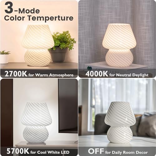 ULAROOM USB Plug-in Mushroom Lamp Small Bedside Table Lamp with 3 Temperature LED Bulb,Free Dimming Nights Light for Bedroom/Living Room/Entryway/Corner Decor (Stripe White) - Image 3