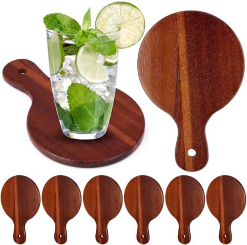 6 Set Acacia Wood Coasters with Handle, 4x6 in Paddle Shape by Ferrochef