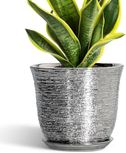 Ceramic Pots for Plants, 8 Inch Plant Pot with Drainage, Silver by SUNPOTFOR