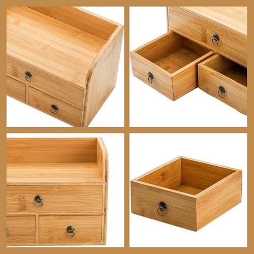 Nicunom Bamboo Desk Organizer, 3-Tier Bamboo Tabletop Storage Organization Multifunctional Desktop Organizer with Drawers for Home Office Toiletries Supplies Vanity - Image 4