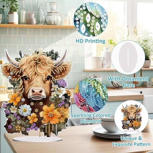 Diamond Painting Kits for Adults Beginners, 5D Full Drill Highland Cattle Crystal Art Desktop Ornament, DIY Single Sided Home Office Desk Decor, Creative Craft Gift Set with Tools - Image 5