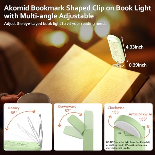 Akomid Book Light, USB Rechargeable, Eye-Cared Amber Light, 8 LEDs, Green, Modern Style, Metal & Plastic, Clip-On, Stepless Dimming, for Reading in Bed, Kids, Living Room - Image 5