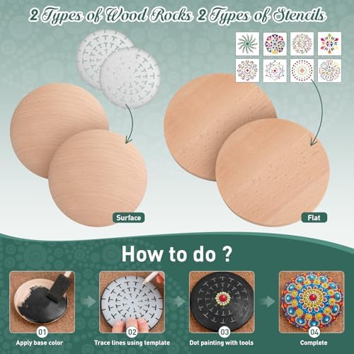 Mandala Rock Painting Kit - Mandala Dotting Tools for Painting - Including Large Wooden Rocks, Acrylic Paints, Stencils, Painting Tools, Manual, Arts Crafts Kit for Adults, Gifts for Women/Mom - Image 4
