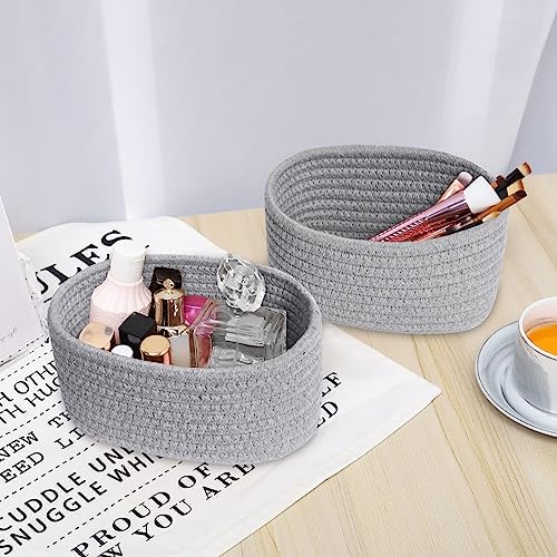 【2 Pack】ABenkle Small Woven Baskets, Tiny Oval Shallow Storage Baskets, Mini Cotton Rope Empty Decorative Basket, Boho Little Organizer Bins for Bathroom, Cat Dog Toy Gifts Baskets - Image 6
