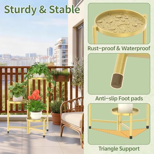 LASZOLA Plant Stand Indoor with 10 Inch Large Metal Tray, 3 Tier Gold - Image 6