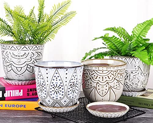 VanEnjoy 5.9 inch Round Bohemian Style Ceramic Planter, Geometry Engrave Off White Brown Succulent Planter Flower Pot, Indoor Outdoor Decorative Planter - Image 5