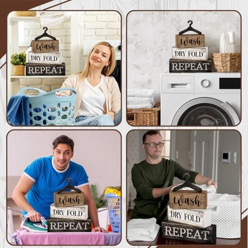 Moucuny 4 Pcs Farmhouse Laundry Room Decor Stacked Blocks Rustic Home Decor - Image 5