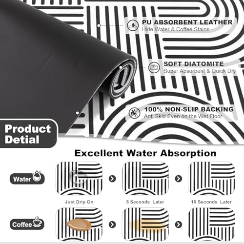 Findosom Geometric Dish Drying Mat, 12" x 20" Absorbent Coffee Mat, Black - Image 3