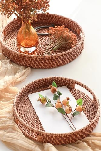 HITOMEN Hand-Woven Round Rattan Serving Tray Decorative Ottoman Wicker Platter with Handles for Coffee Table, Breakfast, Drinks, Snack, Bread, Fruit, Vegetables (Honey Brown Set of 2: M+L) - Image 2