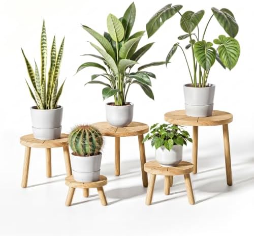 Delma Wood Plant Stands 5-Pack Indoor, Plant Stool, Light Brown by Delma