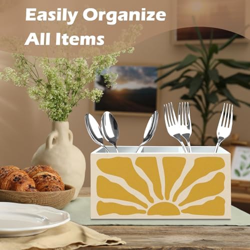 DILSJ Boho Abstract Sunshine Pen Pencil Holder Organizer for Desk, Boho Office Decor, Groovy Retro Abstract Sunshine Wooden Box Signs for Home Office Desk Tabletop Decoration - Image 3